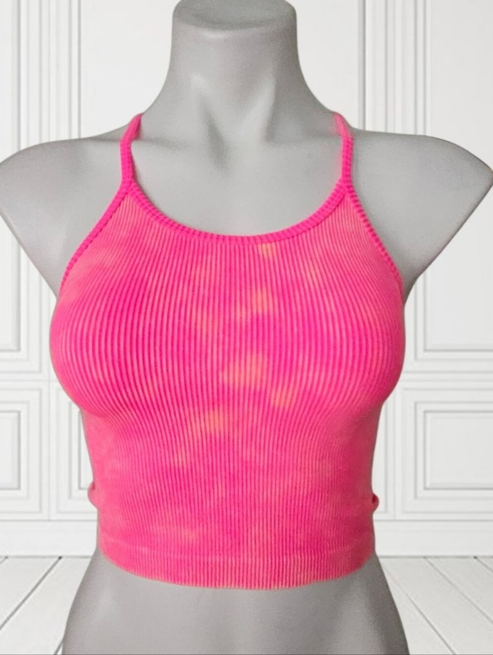 Ribbed Halter Crop Tank Top - Pink Small